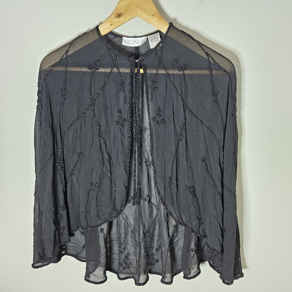 Scala Silk Shrug Cape Poncho Beaded Retro Vintage OS Black